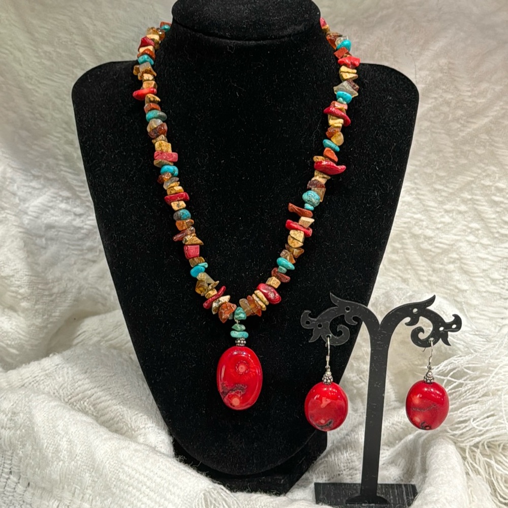 Red Coral, Raw Tiger Eyes, Turquoise and Agate stones Necklace earrings Set